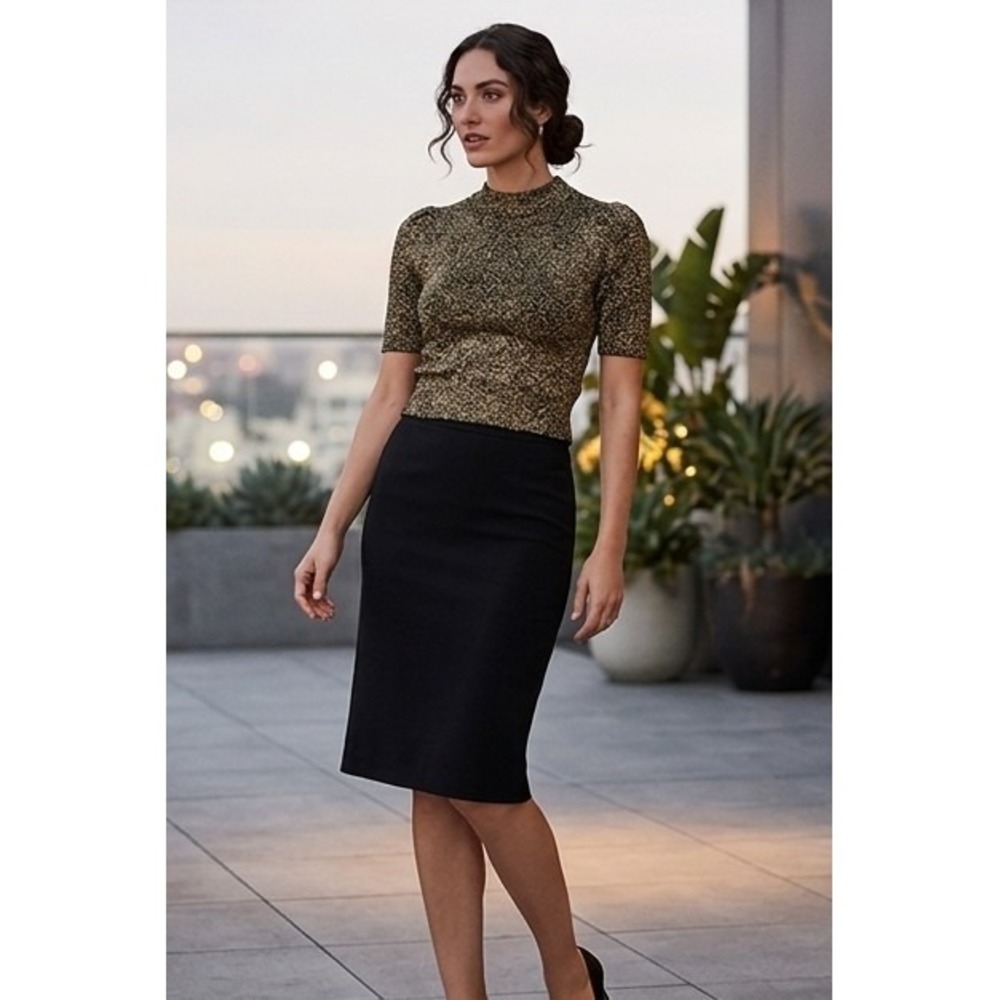 Kate Spade New York Metallic Gold Black Mock Neck Puff Sleeve Sweater Top XS